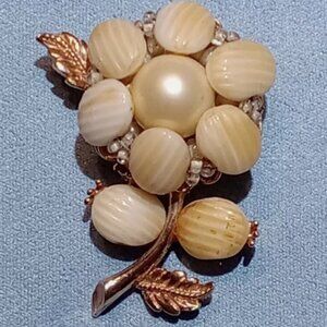 Vintage MARVELLA Faux Pearl, Glass Beads & Sea Shell? Brooch, Signed